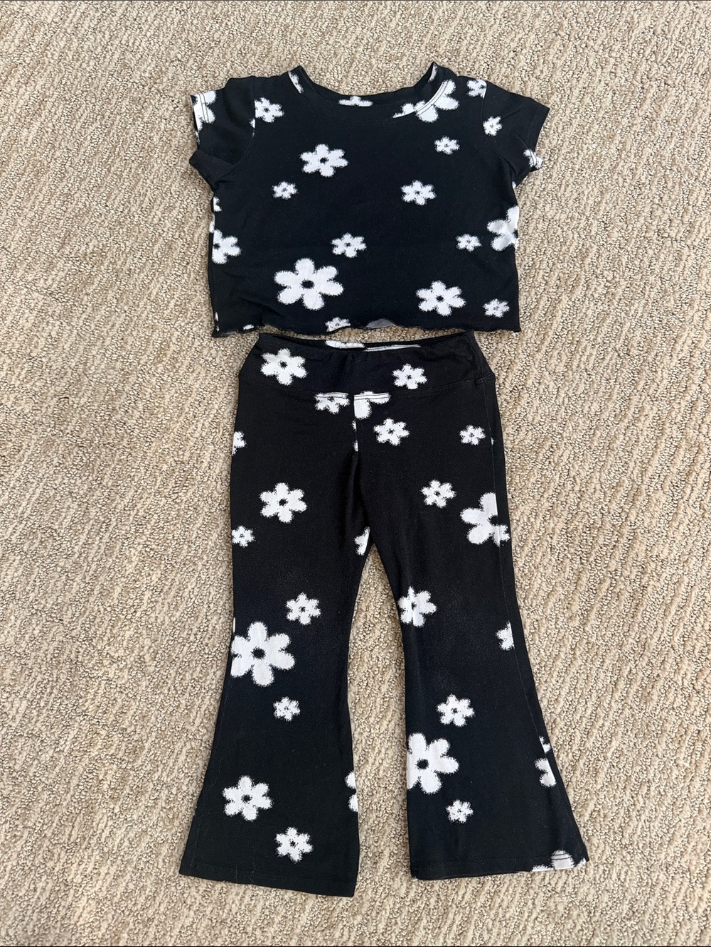 Sofi Black & White Floral Toddler Girl Matching Short Sleeve Set & Flared Pan